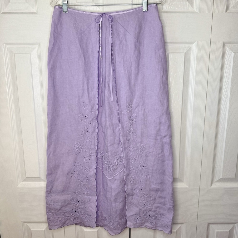 NWT J. Jill Linen Maxi Skirt Size 6 Lavender Purple Floral Embroidered Scallop